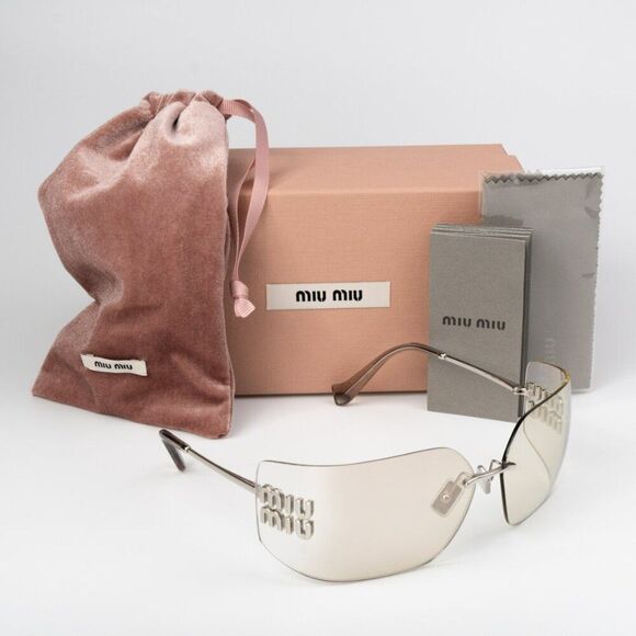 NEW Miu Miu MU54YS 1BC10F Silver Mirror Wraparound Rimless Women Sunglasses main image 8